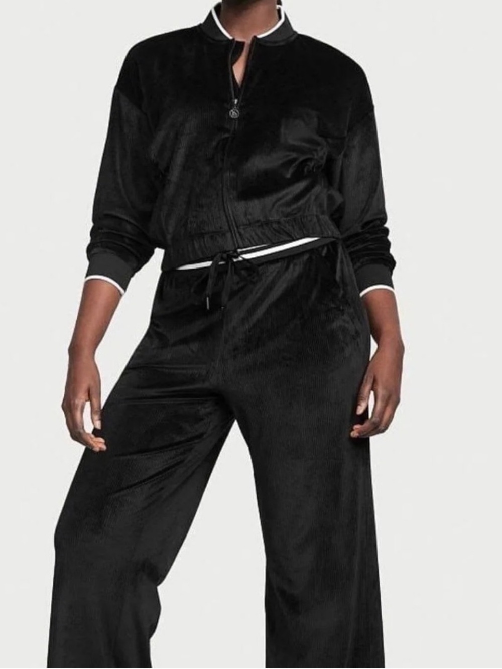VICTORIA'S SECRET Y2K Black Velour Velvet Bomber Jacket/pants Jogger Set  SZ XL